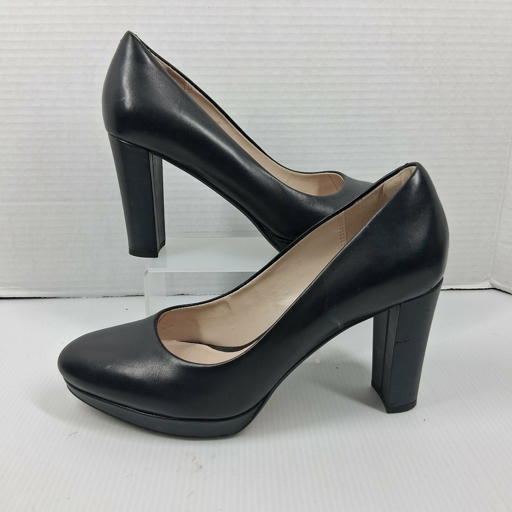 Clarks Kendra Sienna Black Leather Block Heel Platform Pumps Womens 7.5 M